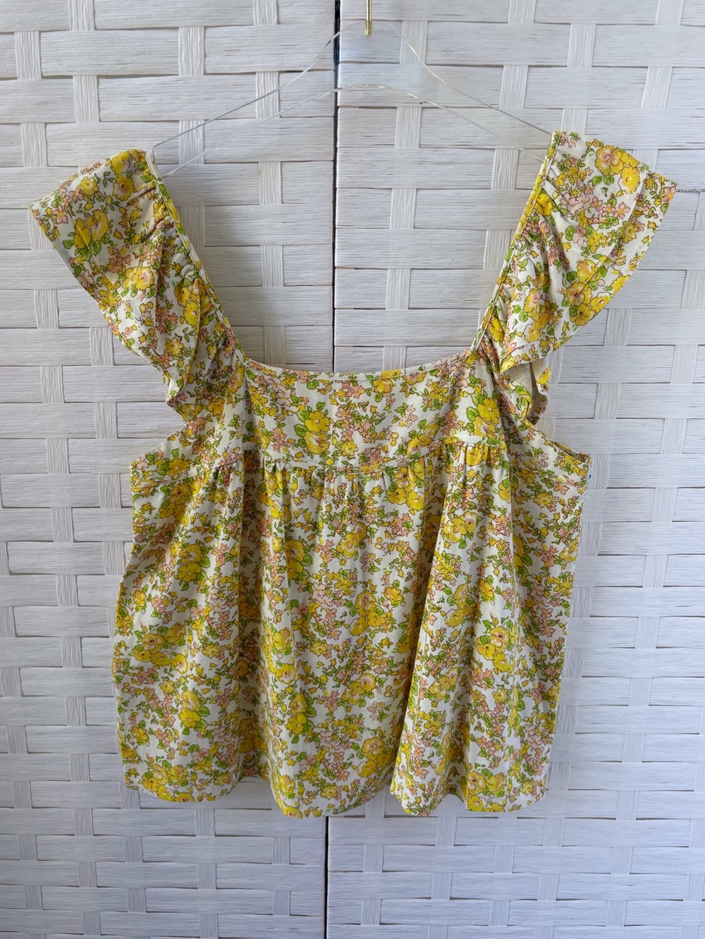 Greylin Large Floral Boho Linen Blend Square Neck Ruffle Shoulder Sleeve Yellow